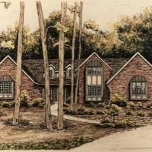 May include: A brick house with a brown roof and large windows. The house is surrounded by trees and bushes. There is a walkway leading to the front door.
