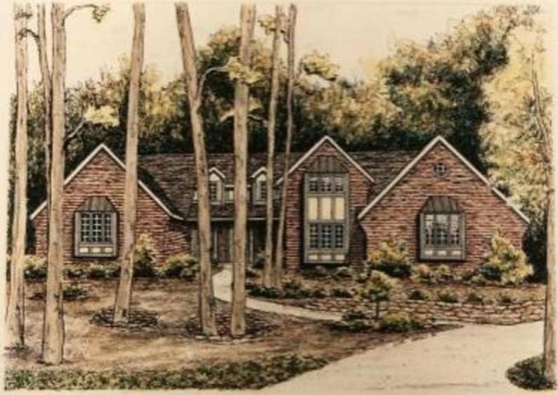 May include: A brick house with a brown roof and large windows. The house is surrounded by trees and bushes. There is a walkway leading to the front door.
