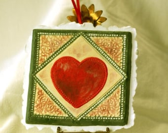 Heart Christmas Ornament 5" x 5" molded paper hand painted Valentine heart ornament, red and green, cast paper cookie mold gift topper