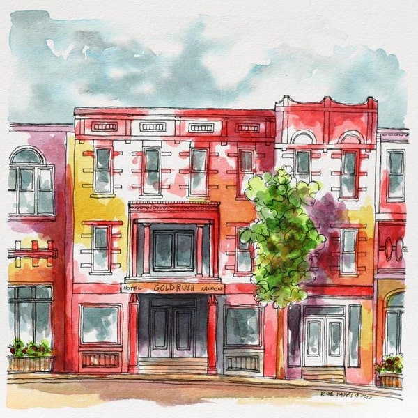 Southwestern Watercolor Pen and Ink Architectural Art 8"x8" Abstract Original Western Streetscape, Wall Art, Red, Store Front Art, Urban Art