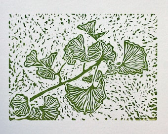 Ginkgo Leaf Linocut: 5x7 Green Botanical Block Print