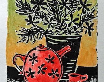 Teapot Still Life Linocut: Red Black Gold Watercolor Print (3.5"x5")