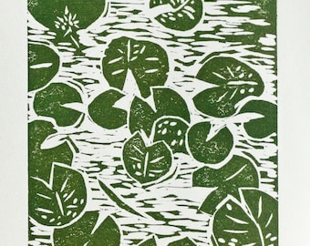 Lily Pad Linocut: 5x7 Botanical Block Print, Green Folk Art