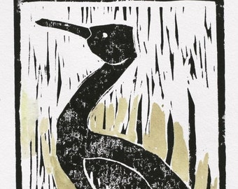 Shore bird linocut 5x7 black original bird block print, green watercolor crane heron, folk art, avian beach art print