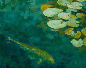 Koi pond 8"x8" giclee print, home decor, lotus flower, water lily pond landscape