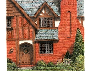 Architectural Art Home Portrait, Original Ohio Brick Tudor Entryway Drawing, Pen and Ink, Red Pastel, Wall Decor 10"x10.5" sfa, cityscape