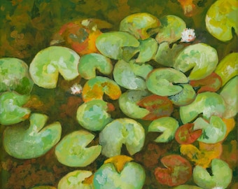 Lily pads with lotus flowers 8"x8" giclee print, home decor, water lily pond landscape