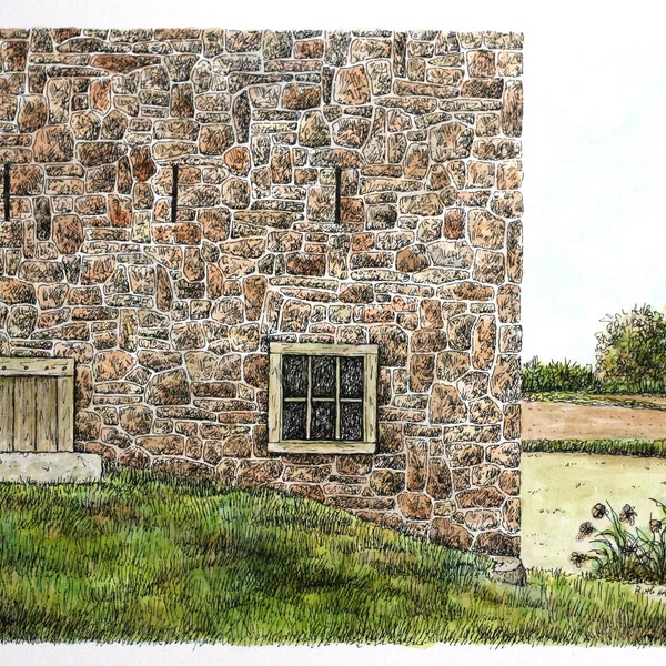 Stone Barn Watercolor, Original Pennsylvania Farm Drawing, Architectural Art, Home Wall decor, Pen and Ink, 10" x 8" sfa, farm art