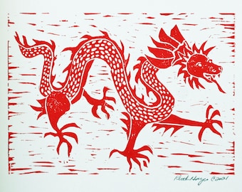 Red Chinese Dragon Linocut Print: Oriental Folk Art (7x5)