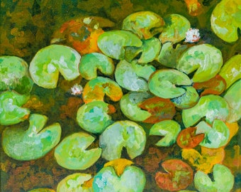 Lily pad canvas acrylic painting, 12"x12" original lily pond art, wall decor, green, yellow,  botanical art, lotus flower