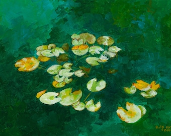 12" X 9" Lily pad canvas  painting, original acrylic lily pond art, wall decor, green, gold, blue, botanical art, lotus flower
