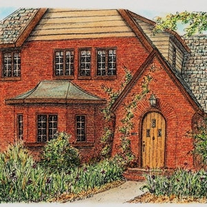 May include: A red brick house with a brown wooden door and a green roof. The house has a porch with a green roof and a window on the side. There are green bushes and flowers in front of the house.