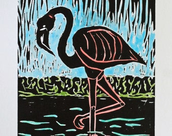 Original flamingo print 5"x7" hand pulled and colored, paper ephemera, folk art print, bird print, wildlife art