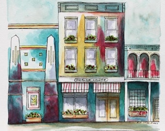 Southwestern Streetscape Art: Pen and Ink Watercolor Painting (8x8)