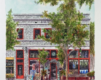 Waymire Building Boise Idaho Architectural Art Watercolor, Pen and Ink Streetscape  8"X10" original fine art, sfa store front, urban art