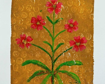 Original Gelli print Floral 5"x7" hand pulled abstract flower monoprint, paper ephemera, folk art botanical print, home decor