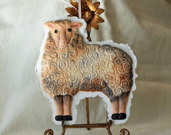 Hand Painted Sheep Ornament: Cast Paper Cookie Mold, Nursery Decor