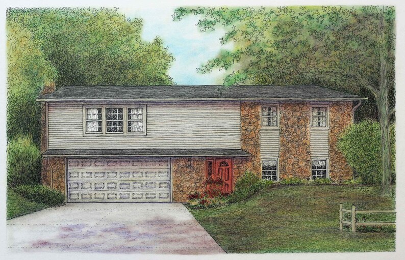 May include: A white and brown two-story house with a red door and a garage door. The house is surrounded by green trees and grass.
