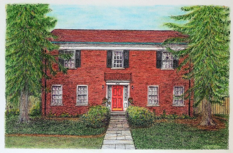 May include: A red brick house with a red door and white trim. The house has a green roof and two large trees on either side.