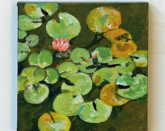 Mini lily pad canvas  painting, 4"X4" original acrylic pond art, kitchen wall decor, green, gold, sfa, botanical art, lotus flower