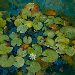 Original Lily Pad Acrylic Painting: Botanical Pond Art (16&quot;x12&quot;)