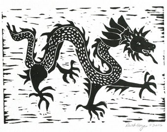 Chinese dragon linocut 5x7  original block print, black Asian dragon folk art, hand pulled print, dancing dragon, primitive nursery art