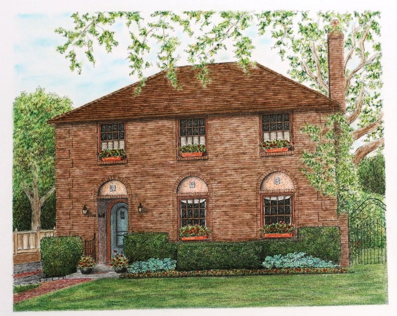 Custom Home Portrait, 14x9 Pastel Pen and Ink, Architectural Art, House Portrait, Realtor Housewarming Gift, Anniversary Retiremnt Gift image 1