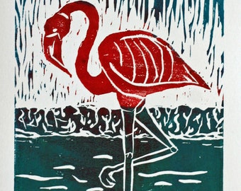 Flamingo linocut print 5"x7" hand pulled and colored, original paper ephemera, folk art print, bird print, wildlife art, red, blue, green