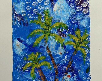 Original palm tree Gelli print 5"x7" hand pulled abstract beach monoprint, paper ephemera, folk art print, botanical wall art