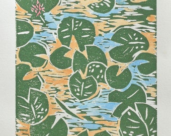 Lily pad linocut 5x7 original botanical block print, green, gold, folk art, sfa, primitive handmade print, lotus flower, lily pond