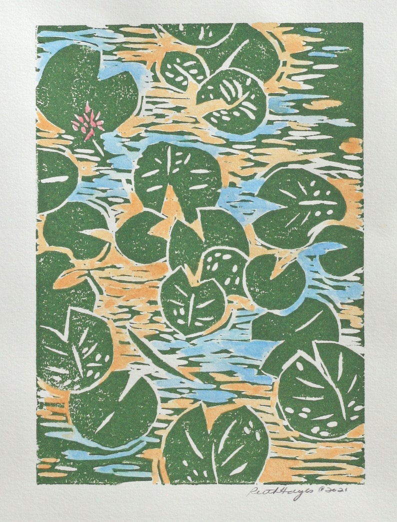 Lily pad linocut 5x7 original botanical block print, green, gold, folk art, sfa, primitive handmade print, lotus flower, lily pond image 1