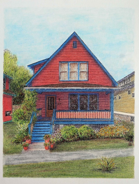 Custom House Portrait: Pen and Ink with Pastel, Architectural Art (10" x 8")