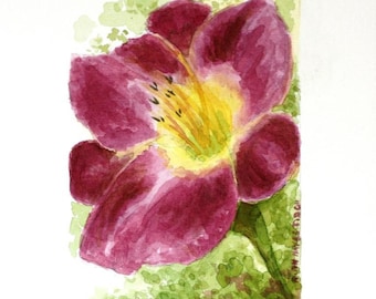 Purple Day Lily Watercolor Painting: Small Botanical Wall Art (3x5" SFA)