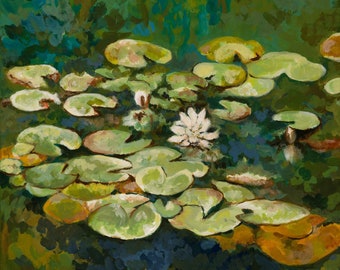 Lily pad 8"x8" giclee print, home decor, lotus flower, water lily pond landscape