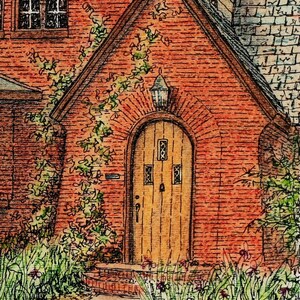 May include: A brick house with a wooden door and a vine growing up the side. The door has a small window with a decorative design. There are green plants and flowers in front of the house.