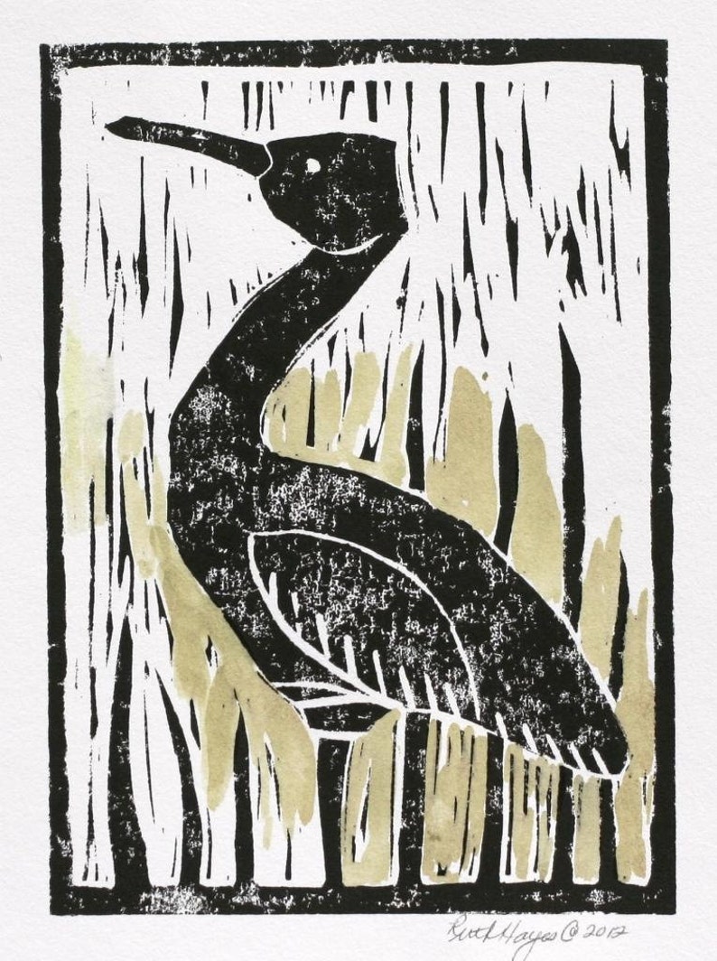 Shore Bird Linocut 5x7 Black Original Bird Block Print Green Etsy