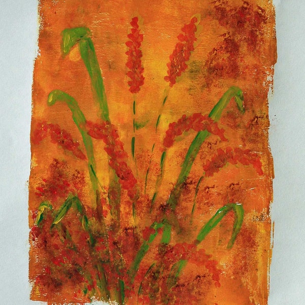 Original Botanical Gelli print 5"x7" hand pulled abstract wheat monoprint, paper ephemera, folk art print