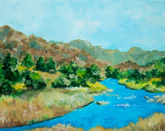 Colorado mountain river canvas painting, 16"x12" original acrylic landscape art, wall decor, green. blue, brown