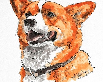 Custom dog portrait 8"x10" original watercolor painting 10" x 8" animal art pen and ink commissioned memorial pet portrait cat drawing