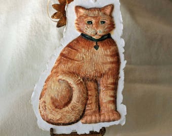 Cat Christmas Ornament 4"x5.5" handmade ornament, molded paper orange tiger cat, new baby gift topper, cast paper first Christmas ornament