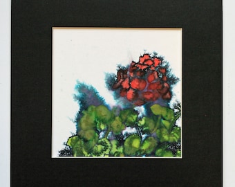 Geranium ink and watercolor 6"x6" painting in black 10"x10" mat