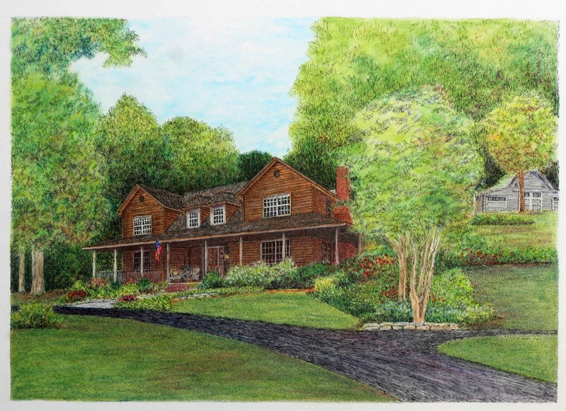 Custom Home Portrait, 14x9 Pastel Pen and Ink, Architectural Art, House Portrait, Realtor Housewarming Gift, Anniversary Retiremnt Gift image 9