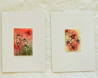 Two blank botanical note cards, original abstract watercolor, pen and ink, all occasion stationery, red yellow, floral art cards, set of 2