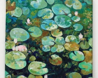 Idyllic Lily Pad Acrylic Painting: 12"x12" Original Canvas Art