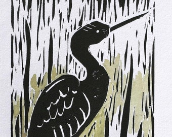 Long billed shore bird linocut 5x7 original block print green black watercolor, folk art print, heron crane art, gift for mom, wildlife art