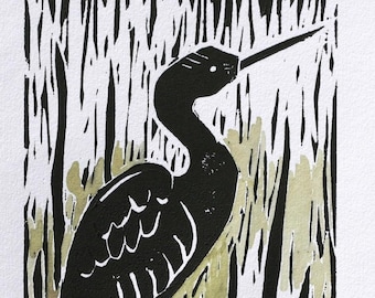 Shore Bird Linocut: Green & Black Watercolor Folk Art Print (5x7)