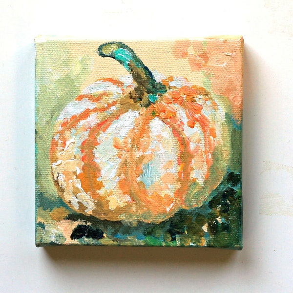 Mini pumpkin painting, 4"X4" original acrylic fruit painting, country kitchen wall decor, orange , sfa botanical art,  original food art