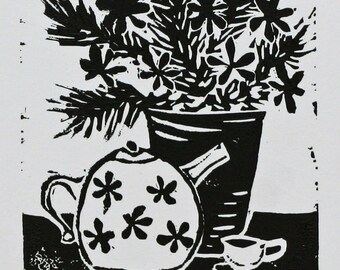 Original linocut still life, 3.5" x 5" folk art block print,  flower plant, sfa primitive teapot art, hand pulled print, botanical art