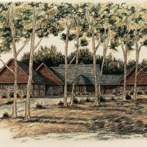 May include: A watercolor painting of a stone house with a red roof and a large front porch. The house is surrounded by tall trees with green leaves.