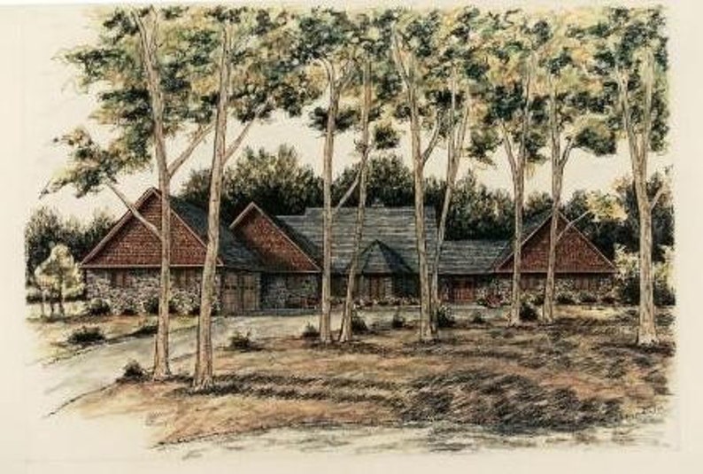 May include: A watercolor painting of a stone house with a red roof and a large front porch. The house is surrounded by tall trees with green leaves.
